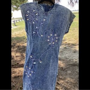 S Vintage 1980s Denim Jeweled Disco Dress Knee Length